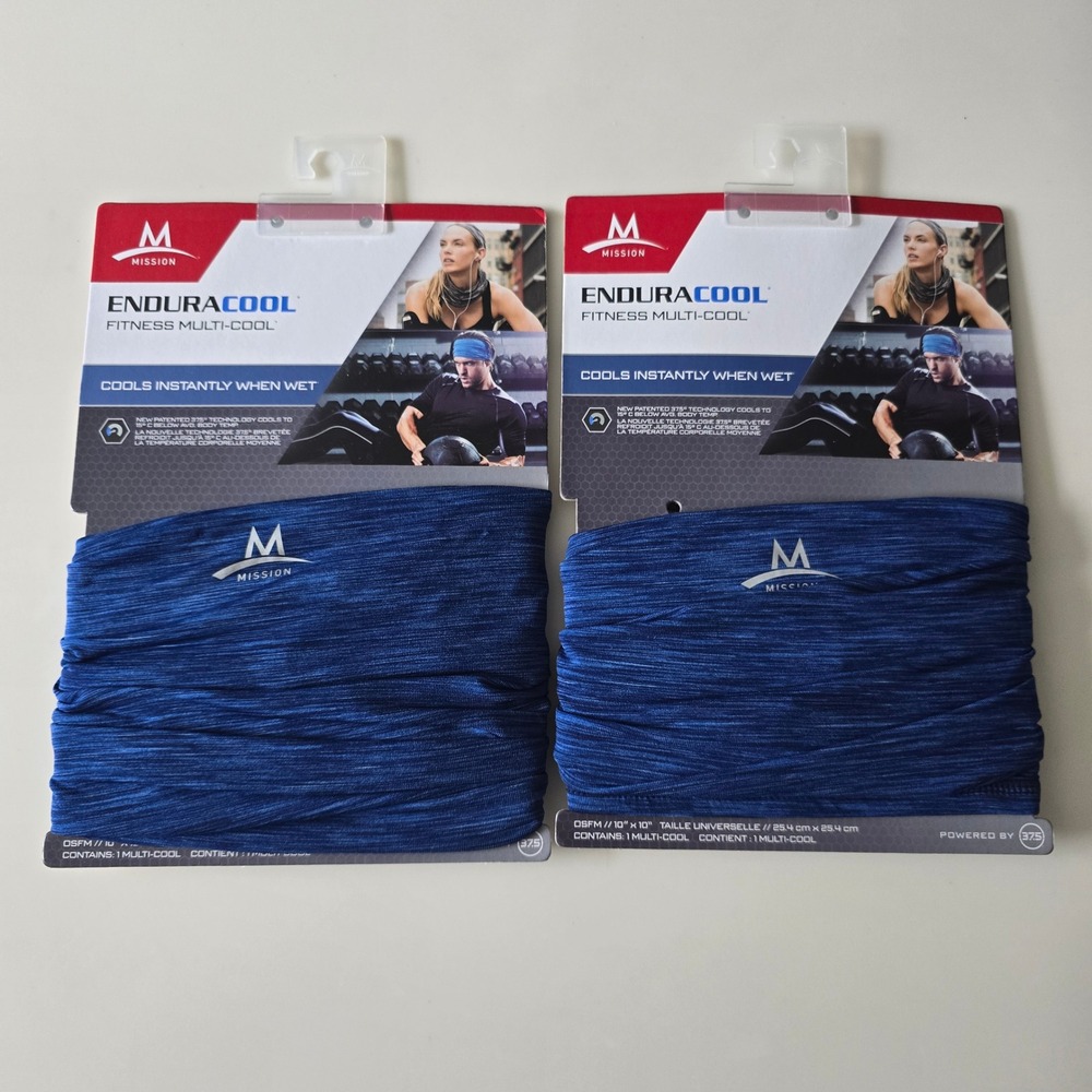 Mission Enduracool Fitness Multi-Cool Blue Neck Gaiter Headband UPF 50 Set Of 2